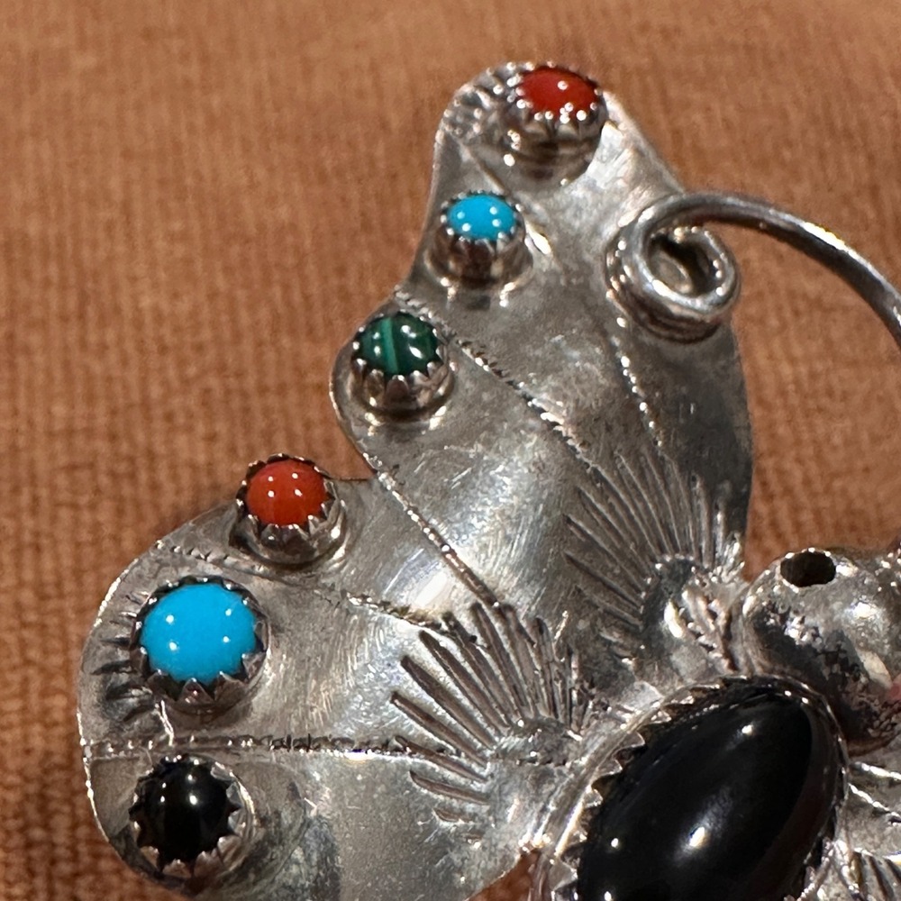 Vintage Sterling Silver Butterfly Pin Signed FY Navajo Turquoise Onyx YAZZIE - Picture 6 of 12